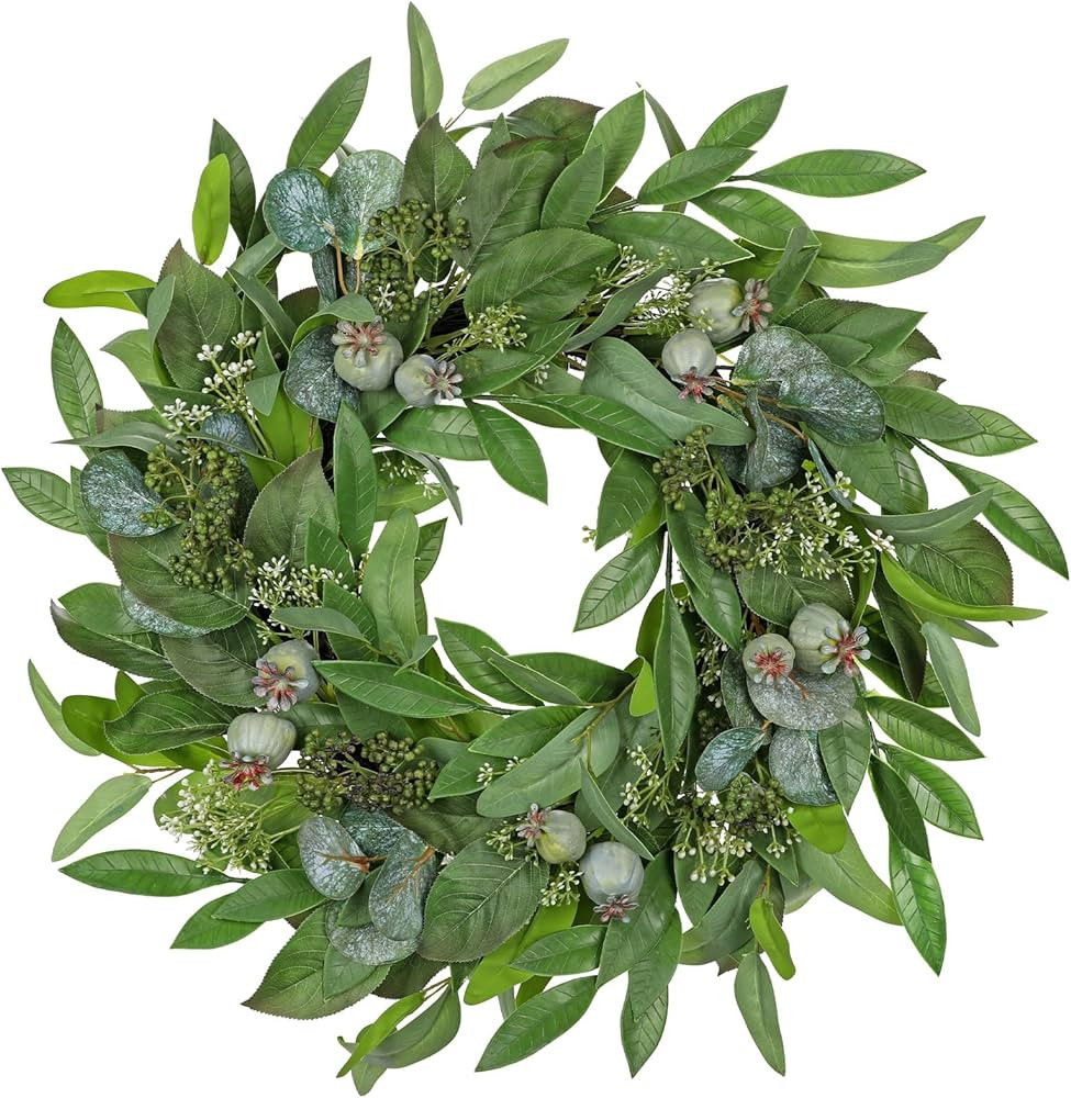 Briful 24" Artificial Greenery Wreath for Front Door, Fake Magnolia Leaf Silk Wreath with Berries... | Amazon (US)