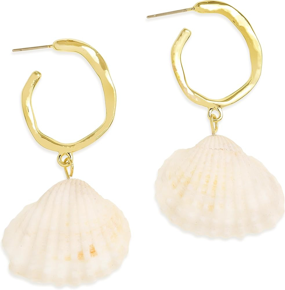 Gold Starfish Shell Cowrie Mermaid Dangle Earrings for Women Girls, Trendy Statement Pearl Seashe... | Amazon (US)