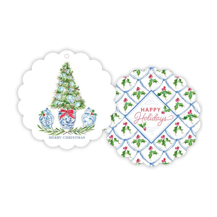Blue Holiday Tree with Ginger Jars Scalloped Gift Tags | Rosanne Beck Collections