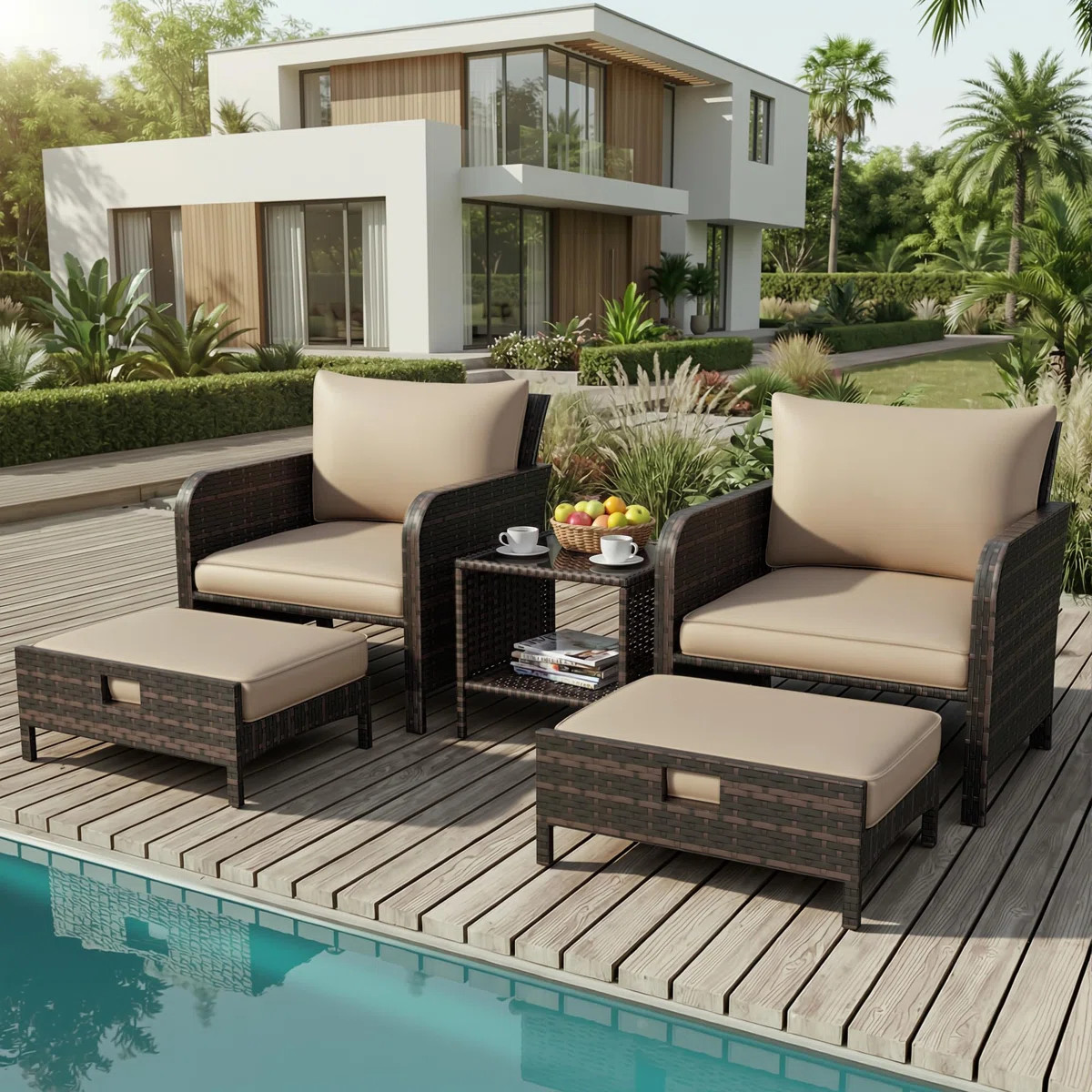 5-Piece Patio Conversation Set, Outdoor PE Wicker Rattan Lounge Chairs with Cushions, 2 Ottomans ... | Wayfair North America