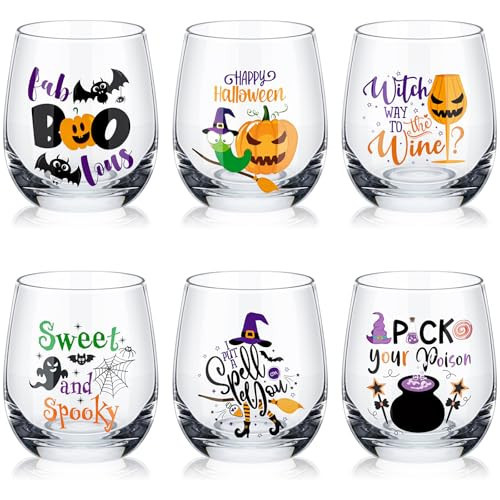 Pickmesh 6 Pcs Halloween Wine Glass 12oz Witches Spider Pumpkin Halloween Drinking Stemless Glass Party Gift for Event Birthday Party for Women, Sisters, Friends, Colleagues | Amazon (US)