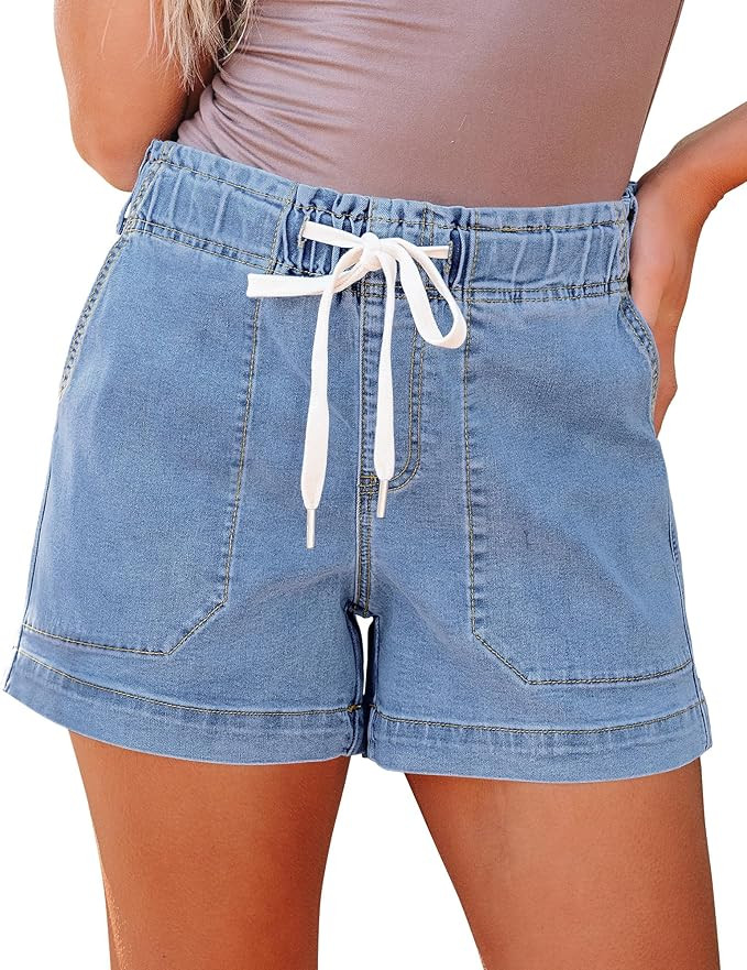 luvamia Jean Shorts for Women High Waisted Pull On Drawstring Elastic Waist Trendy Stretchy Denim... | Amazon (US)