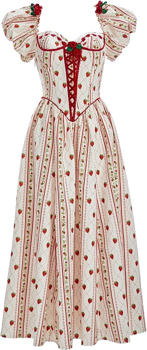 Micotaku Officially Licensed Strawberry Shortcake Women's Puff Sleeve Corset Maxi Dress Strawberr... | Amazon (US)