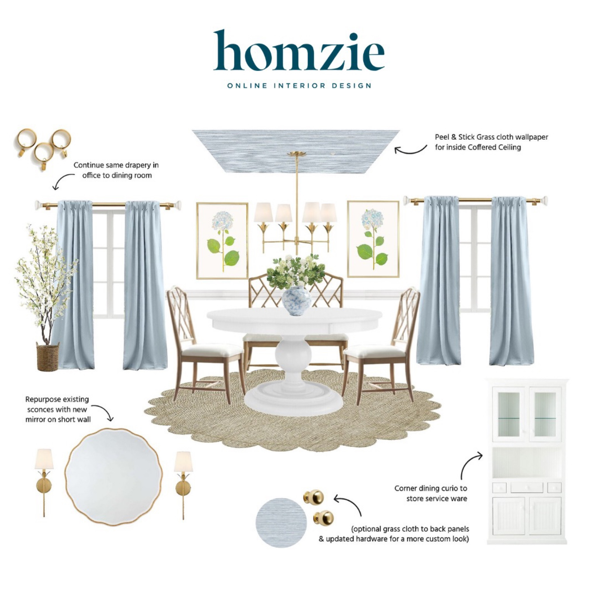 We loved designing this Serena and Lily inspired dining room our virtual interior design client. This space features a blue grasscloth wallpaper, light blue curtains, white dining table, and a Ballard designs dining chair   

Work 1:1 with a Homzie virtual interior designer for a low flat-rate and receive a custom, shoppable decorating plan! - all online.  Get started homziedesigns.com/work-with-us


#LTKHome #LTKStyleTip