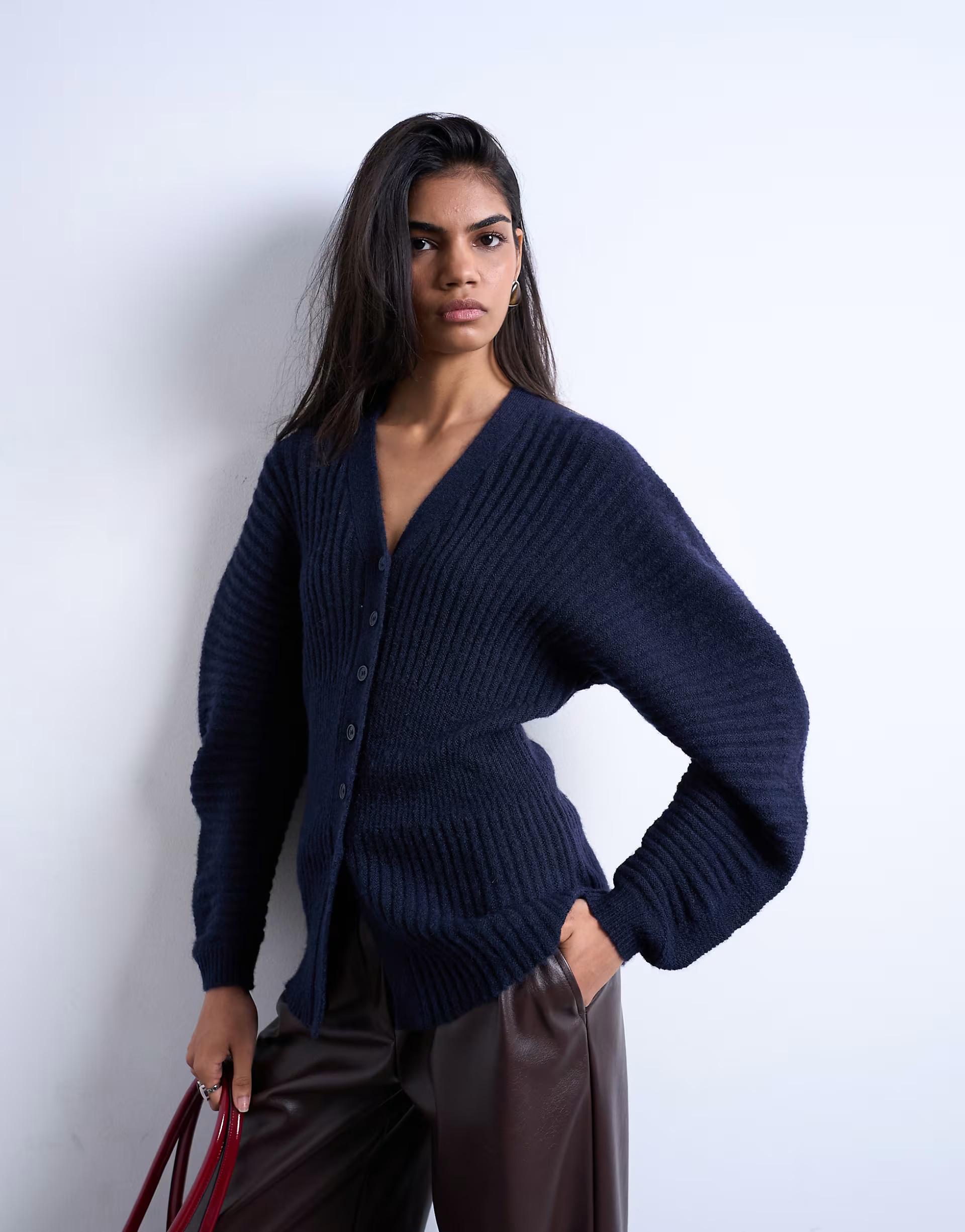 Knitted ovoid sleeve cinch cardigan in navy | Topshop