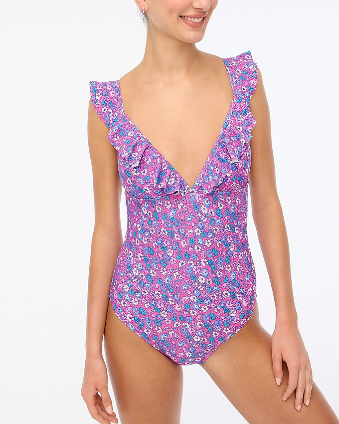 Floral ruffle-shoulder V-neck one-piece swimsuit | J.Crew Factory