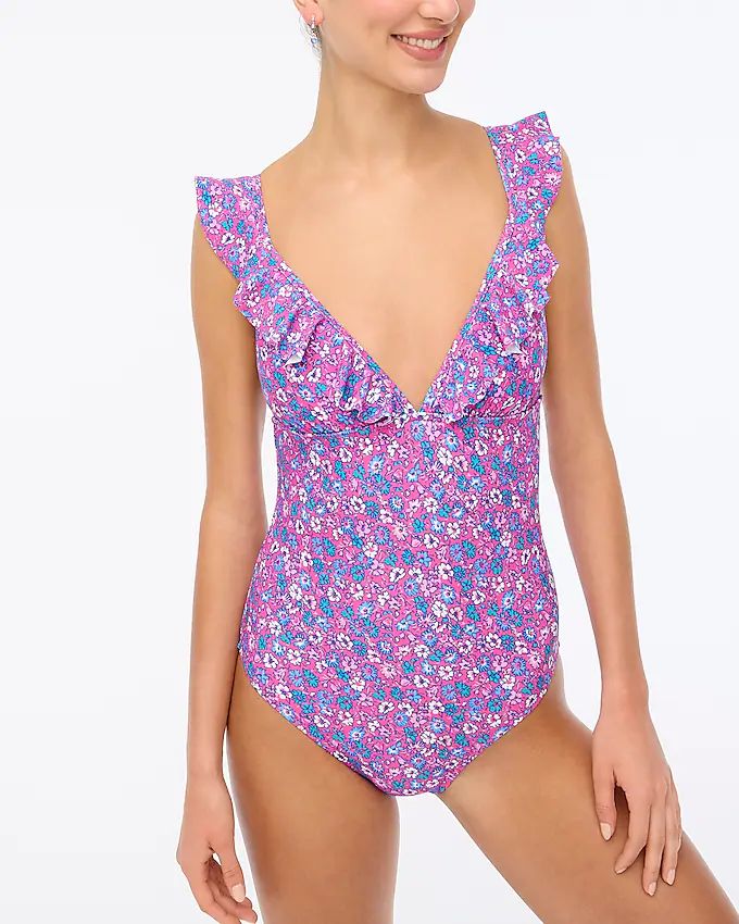 Floral ruffle-shoulder V-neck one-piece swimsuit | J.Crew Factory