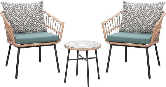 Super Patio 3 Piece Patio Set, Outdoor Furniture Wicker Bistro Set Rattan Chair Conversation Sets... | Amazon (US)