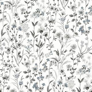 NextWall 30.75 sq. ft. Charcoal and Bluestone Wildflowers Vinyl Peel and Stick Wallpaper Roll NW4... | The Home Depot