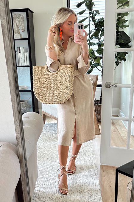 Linen button down dress! 4 colors, wearing small. Ok to size down. 
A great summer staple. Gold sandals are also Amazon! I have two colors! 

Summer style. Outfit inspiration. Outfit ideas. Summer outfits. 

#LTKunder100 #LTKstyletip #LTKsalealert