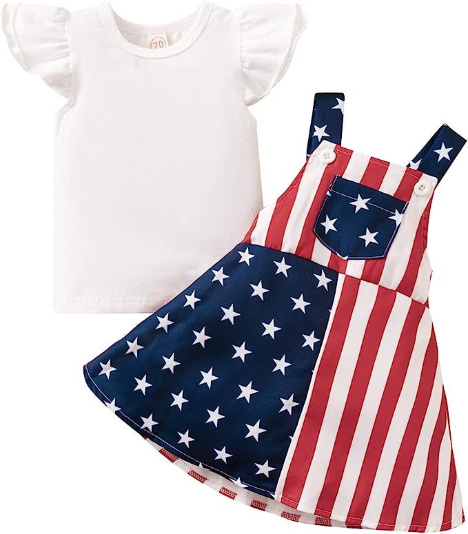 Newborn Baby Girl 4th of July Outfit Ribbed Short Sleeve Shirt Top+USA Flag Star Stripe Suspender... | Amazon (US)