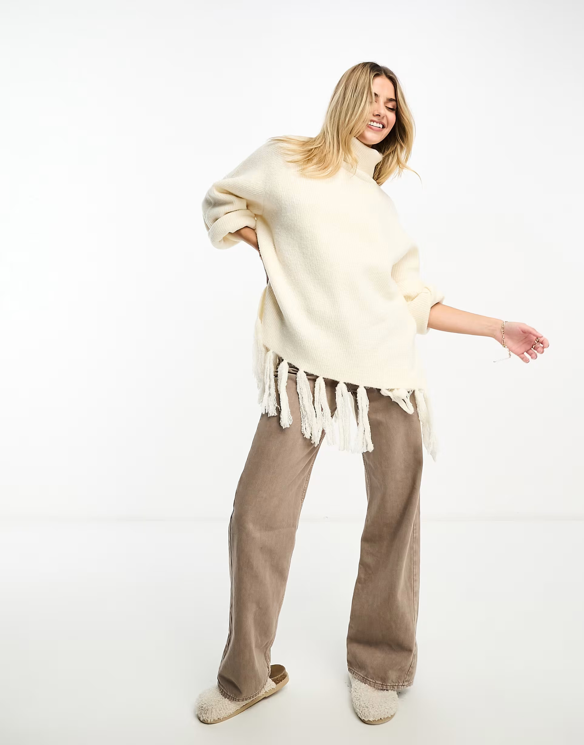 Miss Selfridge funnel neck tassle hem sweater in cream | ASOS (Global)