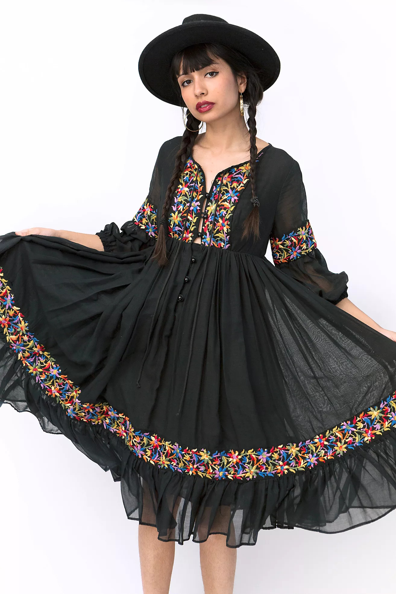 1960s Rare Beverly Paige Embroidered Full Skirt Black Gauze Folk Dress Selected by Ally Bird Vint... | Free People (Global - UK&FR Excluded)