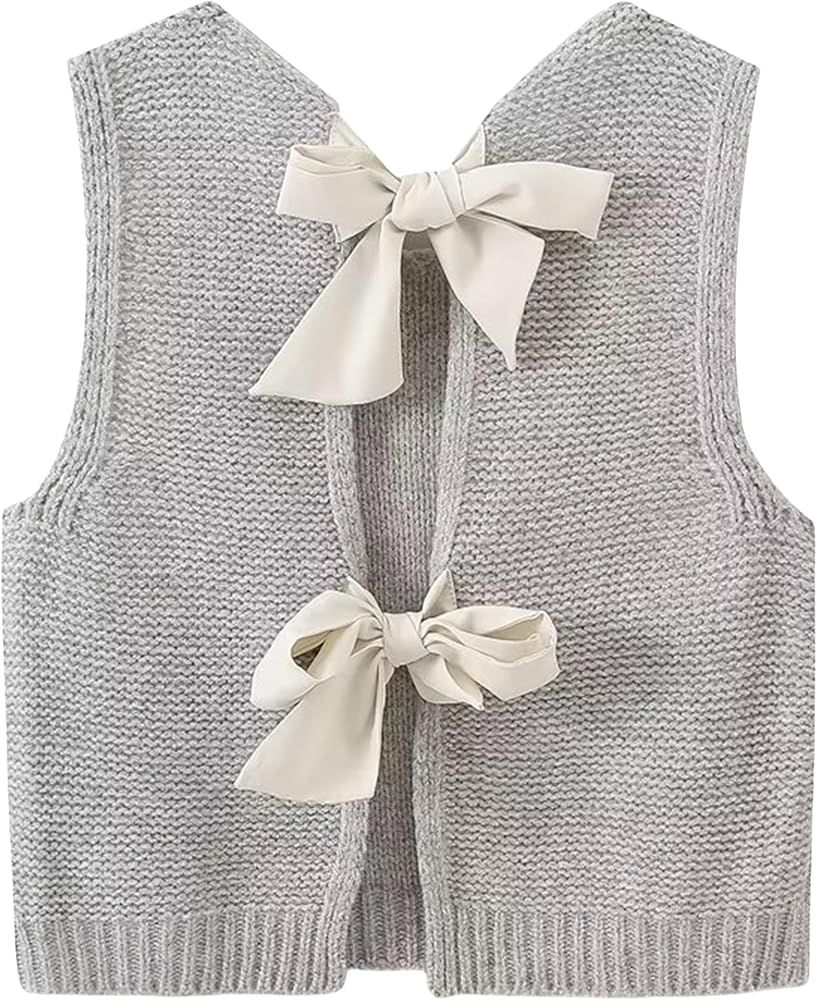 Lianlive Sweater Vest Top for Women Casual Crop Knit Cardigan Vest Bow Tie Back Knitted Tank Tops | Amazon (US)