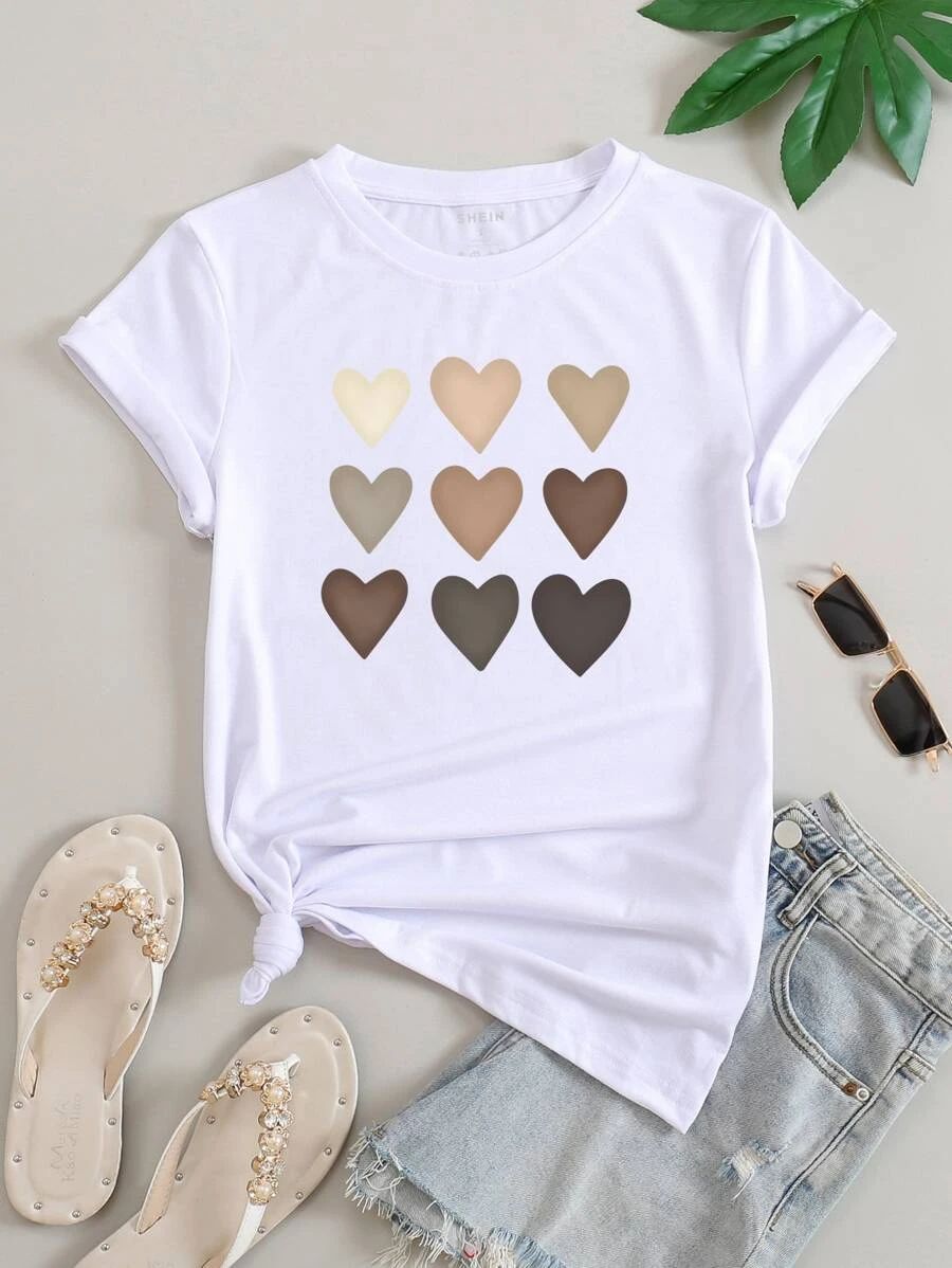 Heart Print Round Neck Tee SKU: sw2111061684522936(1000+ Reviews)$8.00Make 4 payments of $2.00 $7... | SHEIN