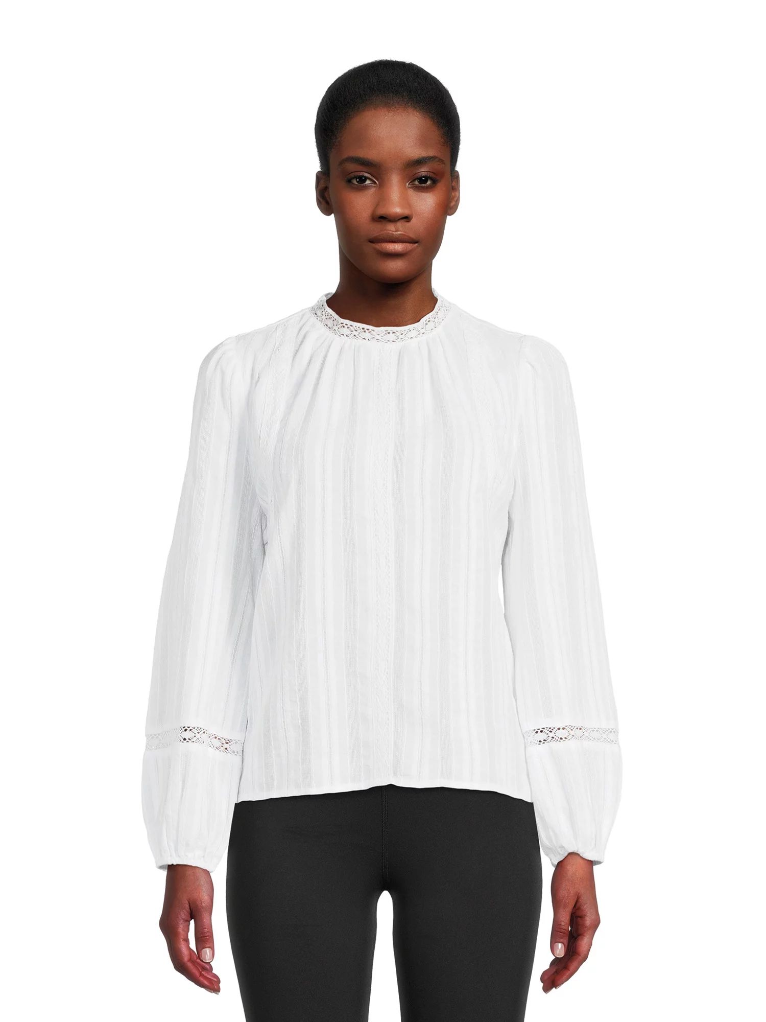 Time and Tru Women’s Long Sleeve Lace Pieced Top | Walmart (US)