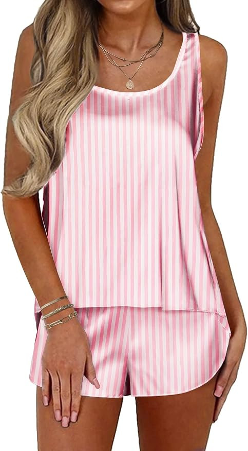 Ekouaer Womens Satin Silk Pajamas Back Split Tank Top and Shorts Silky Pj Set Sleepwear S-XXL | Amazon (US)