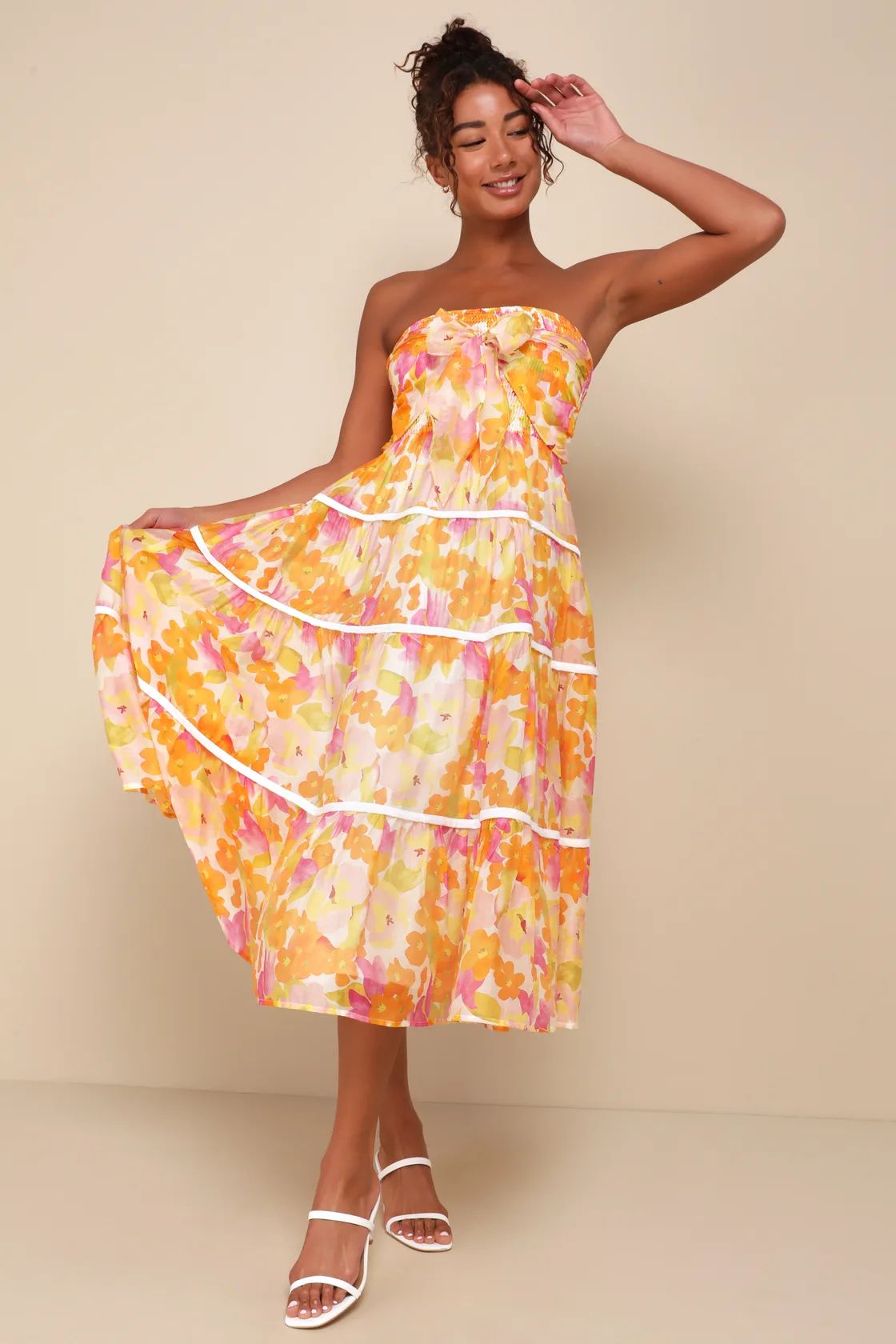 Sunlight Aura Orange Floral Strapless Tiered Midi Dress | Lulus