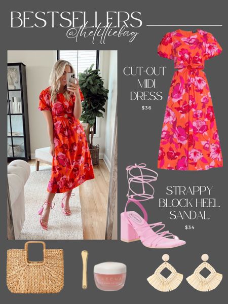 Bestsellers: Cutout midi dress! Only $36 and so cute! Wearing small. Great for Easter, events, or weddings! 

Strappy block heel sandal! Love this pop of color. TTS. 




Dress. Sandals. Wedding guest dress. Spring style  

#LTKunder50 #LTKwedding #LTKshoecrush