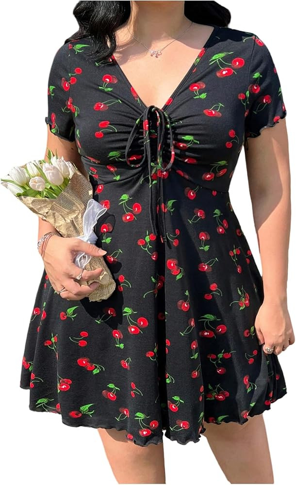 WDIRARA Women's Plus Size Cherry Print Ruffle Short Dress V Neck Drawstring Ruched A Line Dresses | Amazon (US)