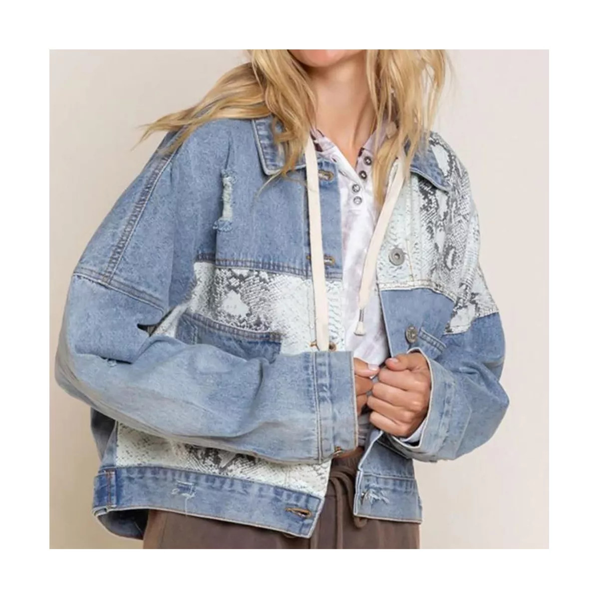 Coolmee Women's Button Down Distressed Denim Jean Jacket Washed Long Sleeve Jean Coat Python Patt... | Target