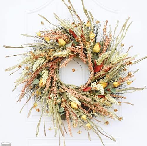 Ansuma 24 Inch Fall Wreath Front Door Wreath Grain Wreath Harvest Gold Wheat Ears Circle Garland Aut | Amazon (US)