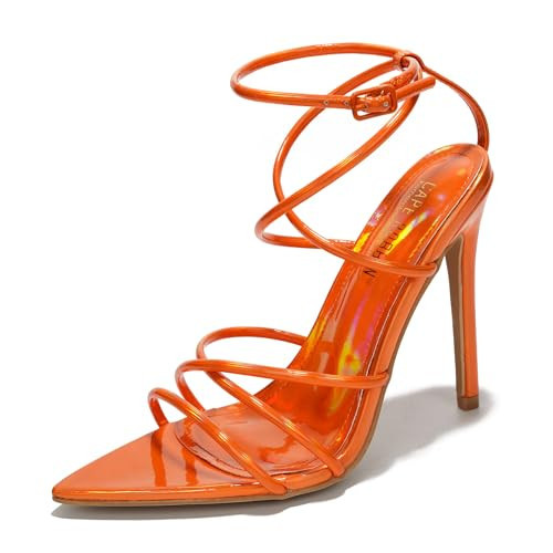 Cape Robbin Nabil Sexy Strappy Stiletto Heels for Women - Strappy Pointy Open Toe Womens High Heels - Elegant Women Dress Shoes - Women's Heeled Sandals - Orange Size 11 | Amazon (US)