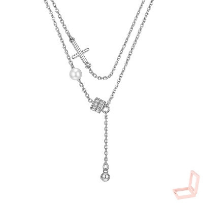 Layered Necklace with Cross, Pearl & Y-Shaped Lariat Elements, Unique Fashion-Forward Statement Piece | Target