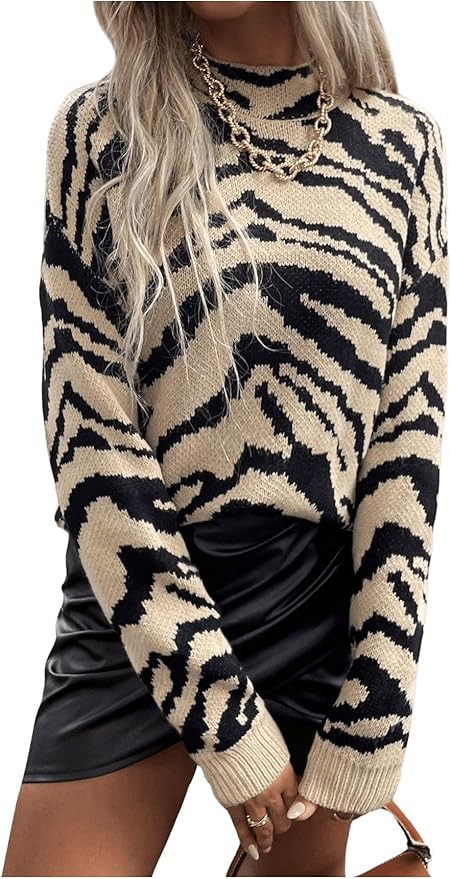 GORGLITTER Women's Zebra Print Sweater Mock Neck Long Sleeve Cozy Chunky Knitted Tiger Animal Pul... | Amazon (US)