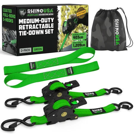 Rhino USA 1" x 10' Retractable Ratchet Straps 1,209lb Break Strength (Green 2-Pack) | Walmart (US)