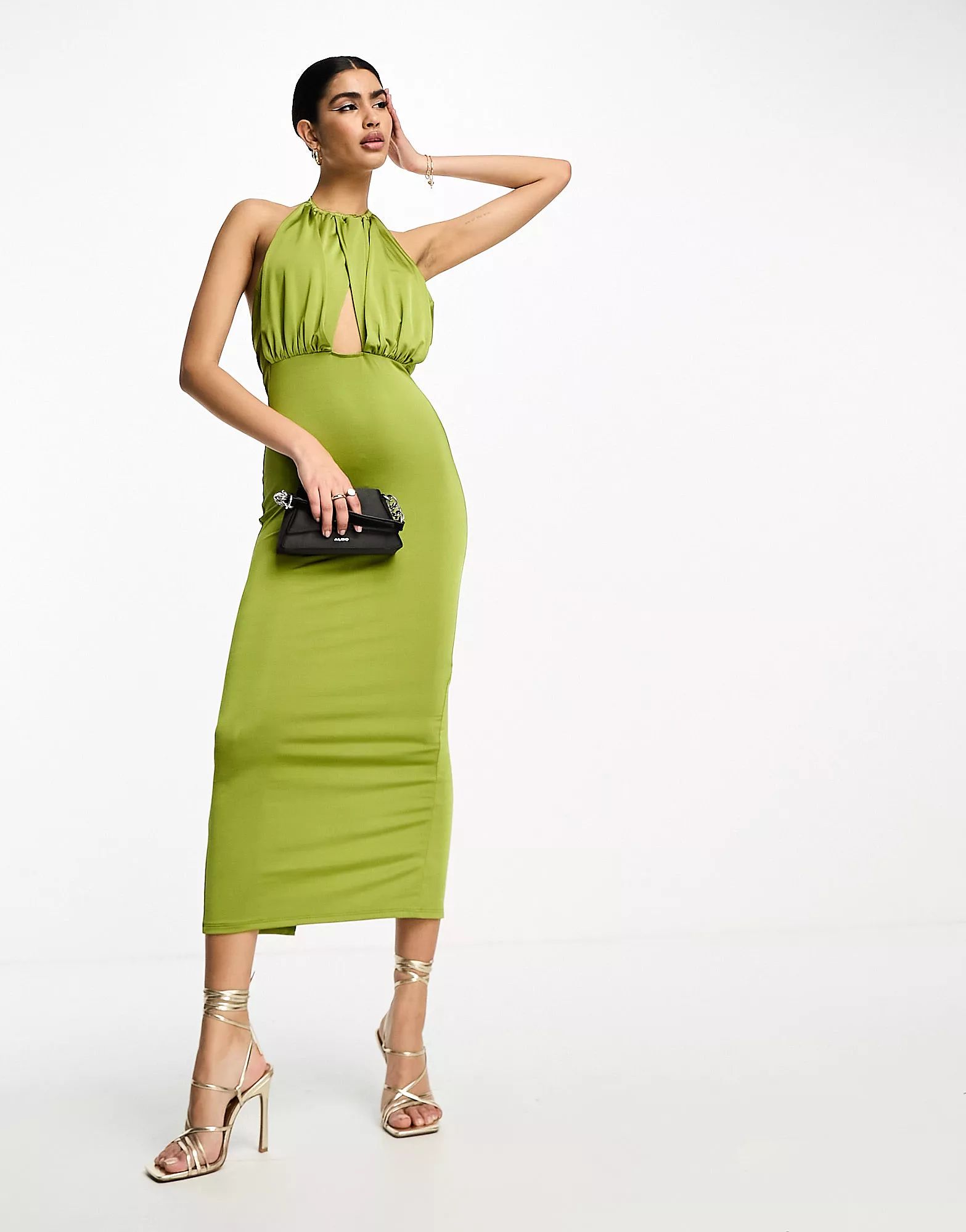 ASOS DESIGN overlay halter slinky midi dress in olive green | ASOS (Global)