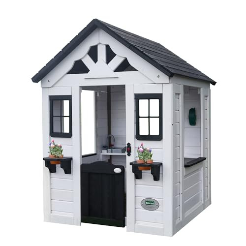 Backyard Discovery Sweetwater White Cedar Wooden Kids Playhouse Cottage with Play Kitchen, Snack Bar, Half Door, Toy Phone, Windows, Flowerpot Holders, Working Doorbell for Outdoor Imaginative Play | Amazon (US)
