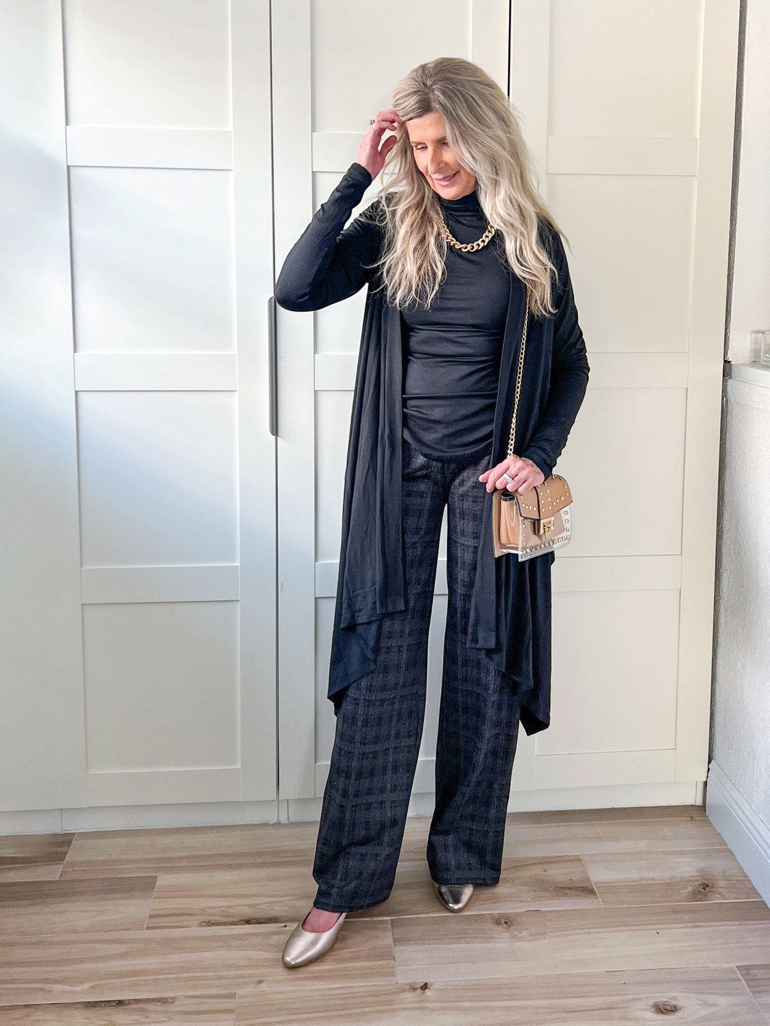 Kira Grace high waist wide leg Charcoal Plaid pants, the softest ever black turtleneck with thumb holes, & wrap black cardigan with Marmi gold pewter shoes. So Comfy & chic! From yoga to work to a night out - so many styling options! 

#LTKfitness #LTKstyletip #LTKworkwear