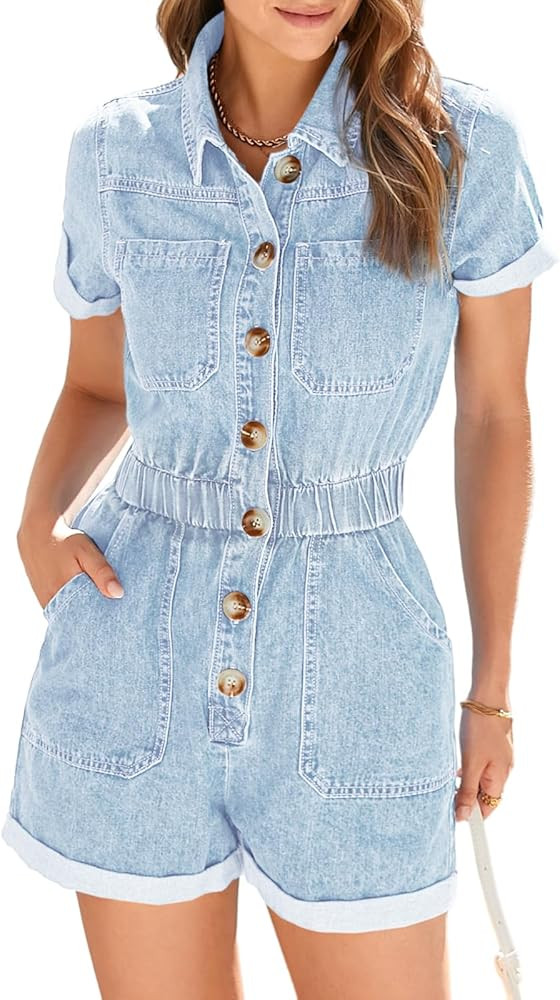 Cicy Bell Women's Short Sleeve Denim Rompers Cotton Utility Button Up Elastic Waist Short Jumpsui... | Amazon (US)