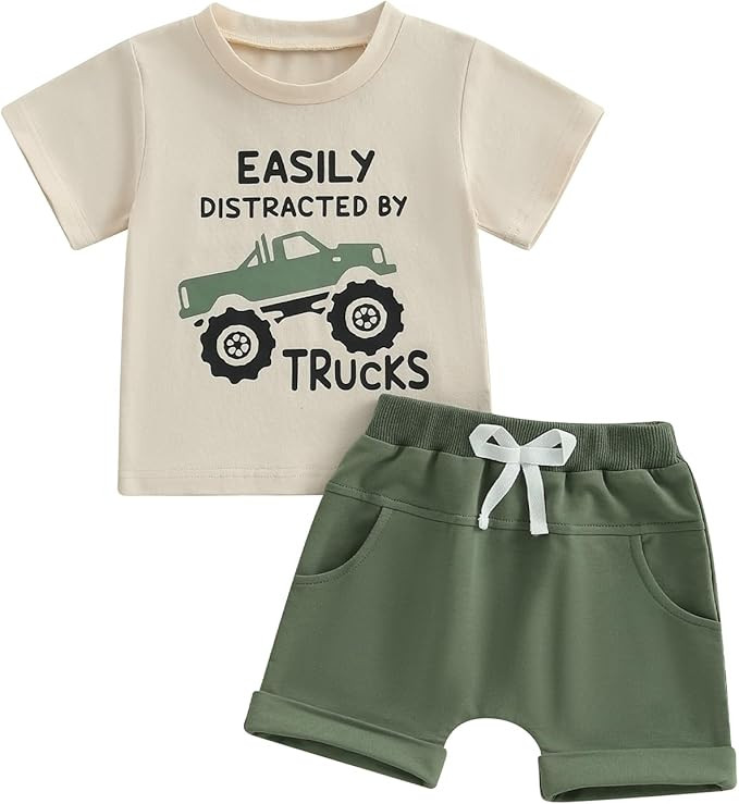 Toddler Baby Boy Clothes Summer Short Sleeve Trucks Tractors Print T-Shirt Tops Solid Color Short... | Amazon (US)