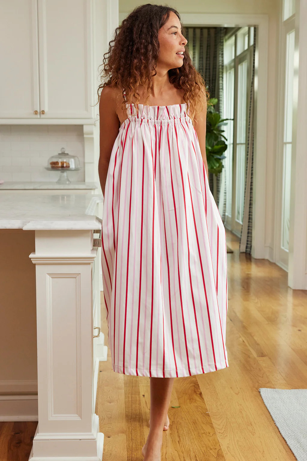 Poplin Ruffle Midi Nightgown in Candy Stripe | Lake Pajamas