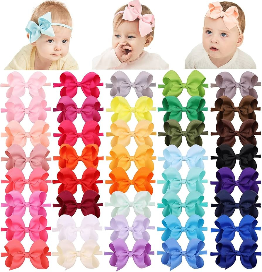 jollybows 40pcs 4inches Baby Girls Grosgrain Ribbon Hair Bows Headbands Nylon Elastic Hair Band H... | Amazon (US)