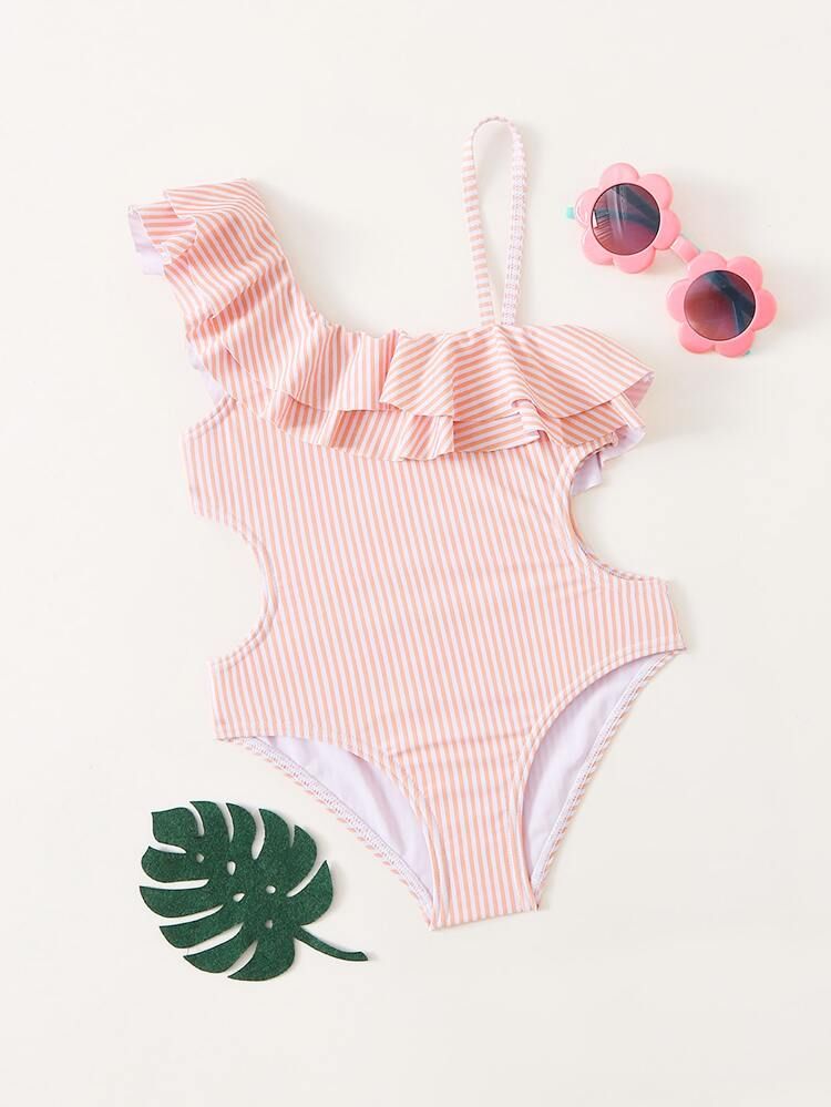 Toddler Girls Striped Ruffle Trim One Piece Swimsuit | SHEIN