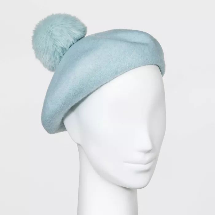 Women's Faux Fur Pom Felt Beret Hat - A New Day™ Blue One Size | Target