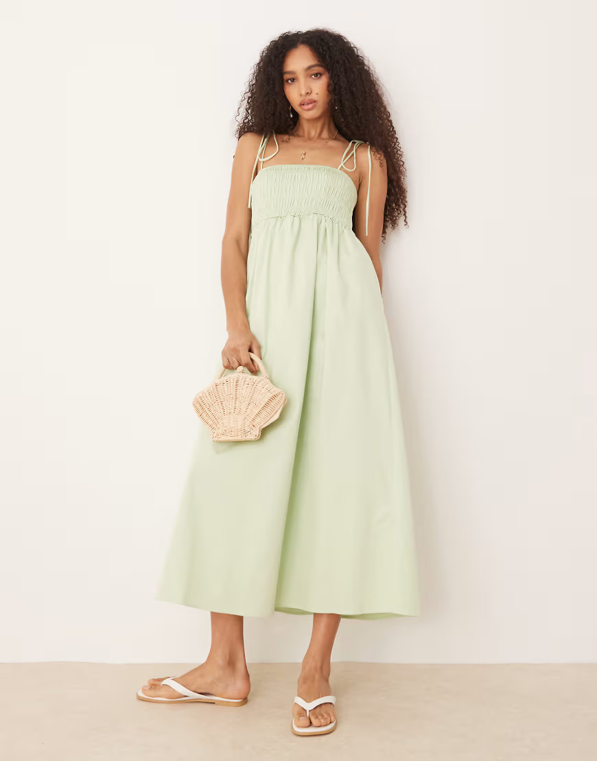 ASOS DESIGN shirred bust cotton poplin midi dress in sage-Green | ASOS (Global)