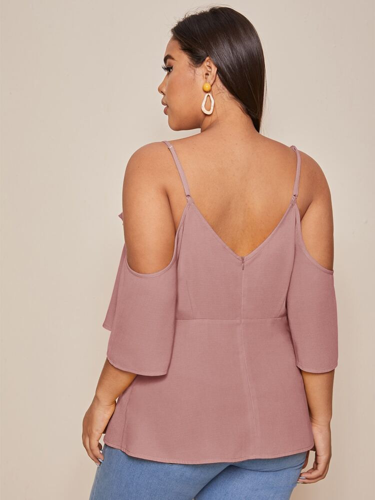 Plus Ruffle Trim Cold Shoulder Solid Peplum Top | SHEIN