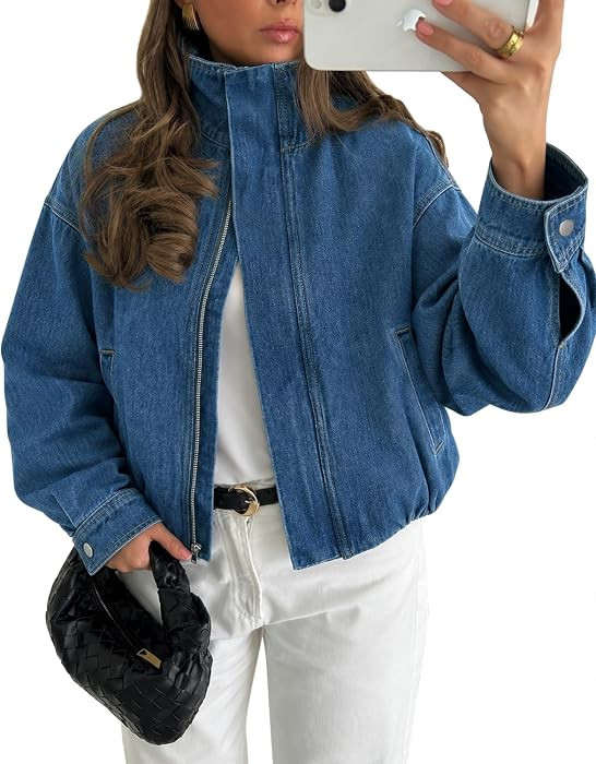 Women's Cropped Denim Bomber Jacket Casual Zip up Jean Coat | Amazon (US)