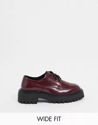 ASOS DESIGN Wide Fit Money chunky lace up flat shoes in oxblood | ASOS (Global)
