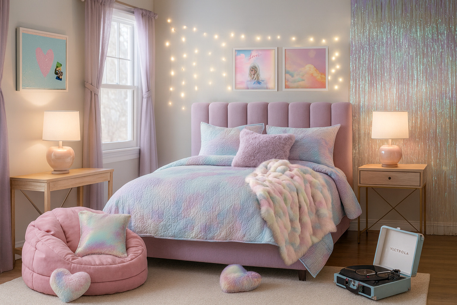 This is our place, we make the call 💖 a Lover-inspired bedroom or dorm room for the ultimate Taylor Swift fan in your life! Sequins, tie dye bedding, furry pillows, heart lamps, framed Lover vinyl album, rainbow skies wall art and string lights of course. For swifties of all ages. (created with AI using real products!) 

 #LTKHome #LTKFindsUnder50 #LTKKids