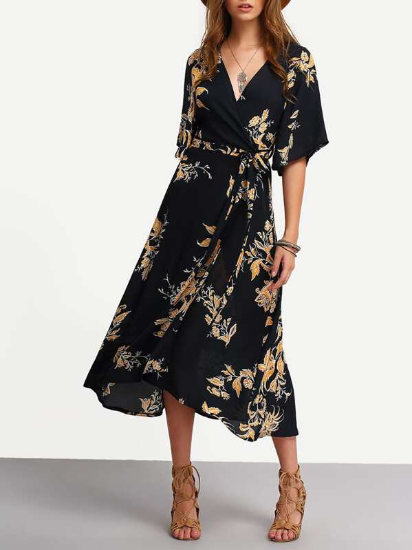 V Neckline Florals Wrap Dress | SHEIN