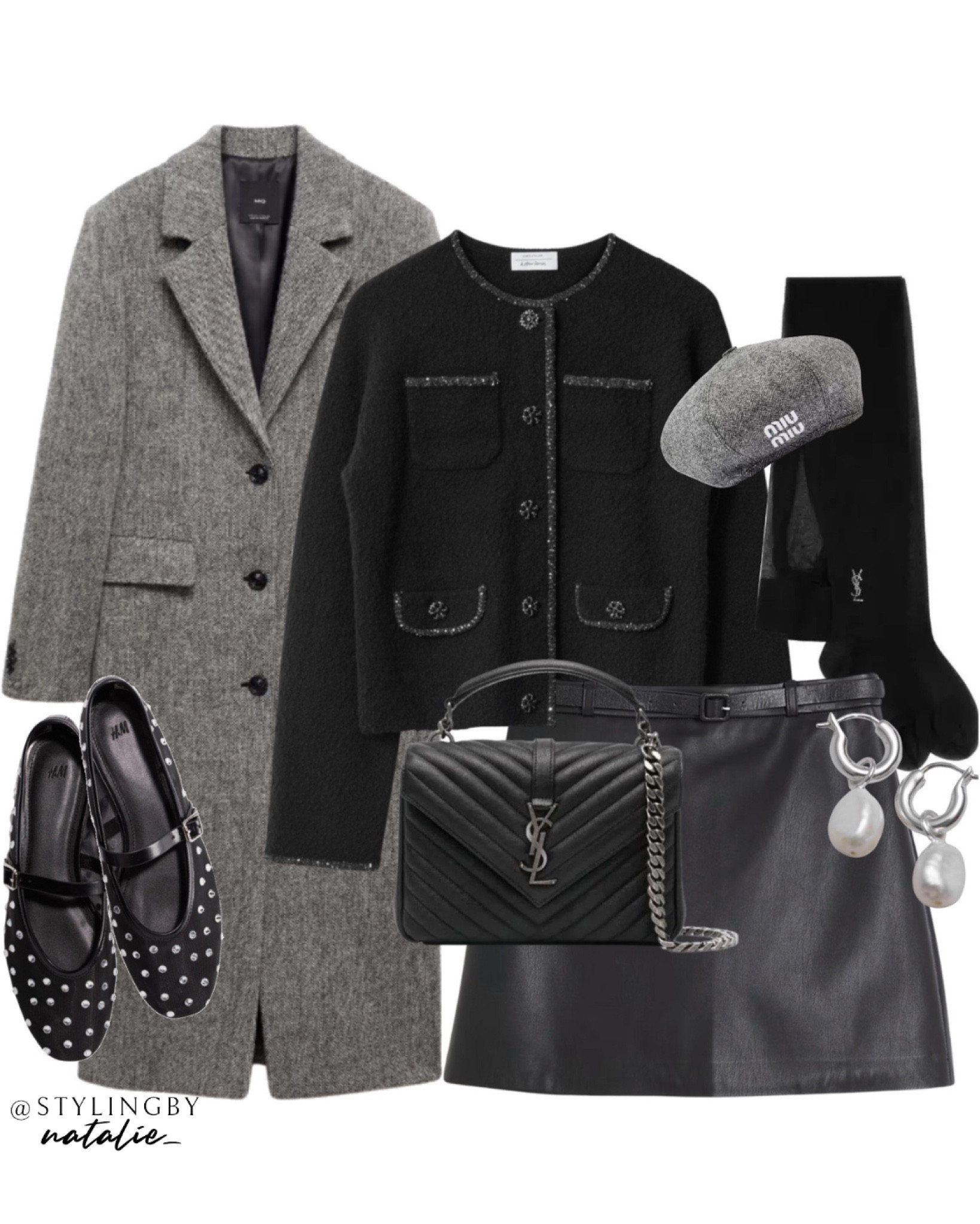 Flecked wool blend coat, faux leather mini skirt, sequin trim knit cardigan, Miu Miu chevron beret, studded mesh ballet flats, pearl earrings, Saint Laurent college bag & tights.
Autumn winter outfit, fall outfit, coats, knitwear

#LTKautumn #LTKeurope #LTKstyletip