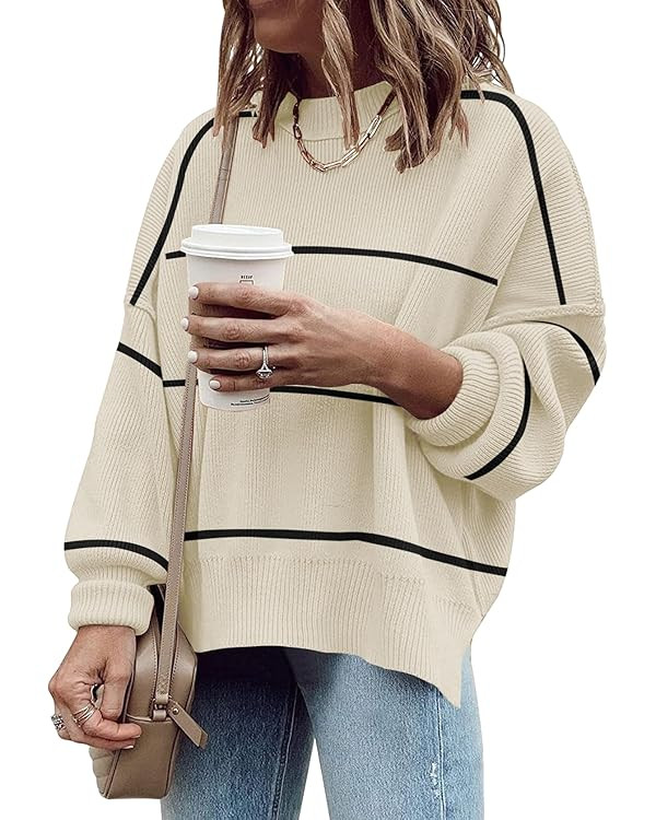Women's Oversized Crewneck Sweaters Batwing Long Sleeve Side Slit Ribbed Knit Pullover Sweater To... | Amazon (US)