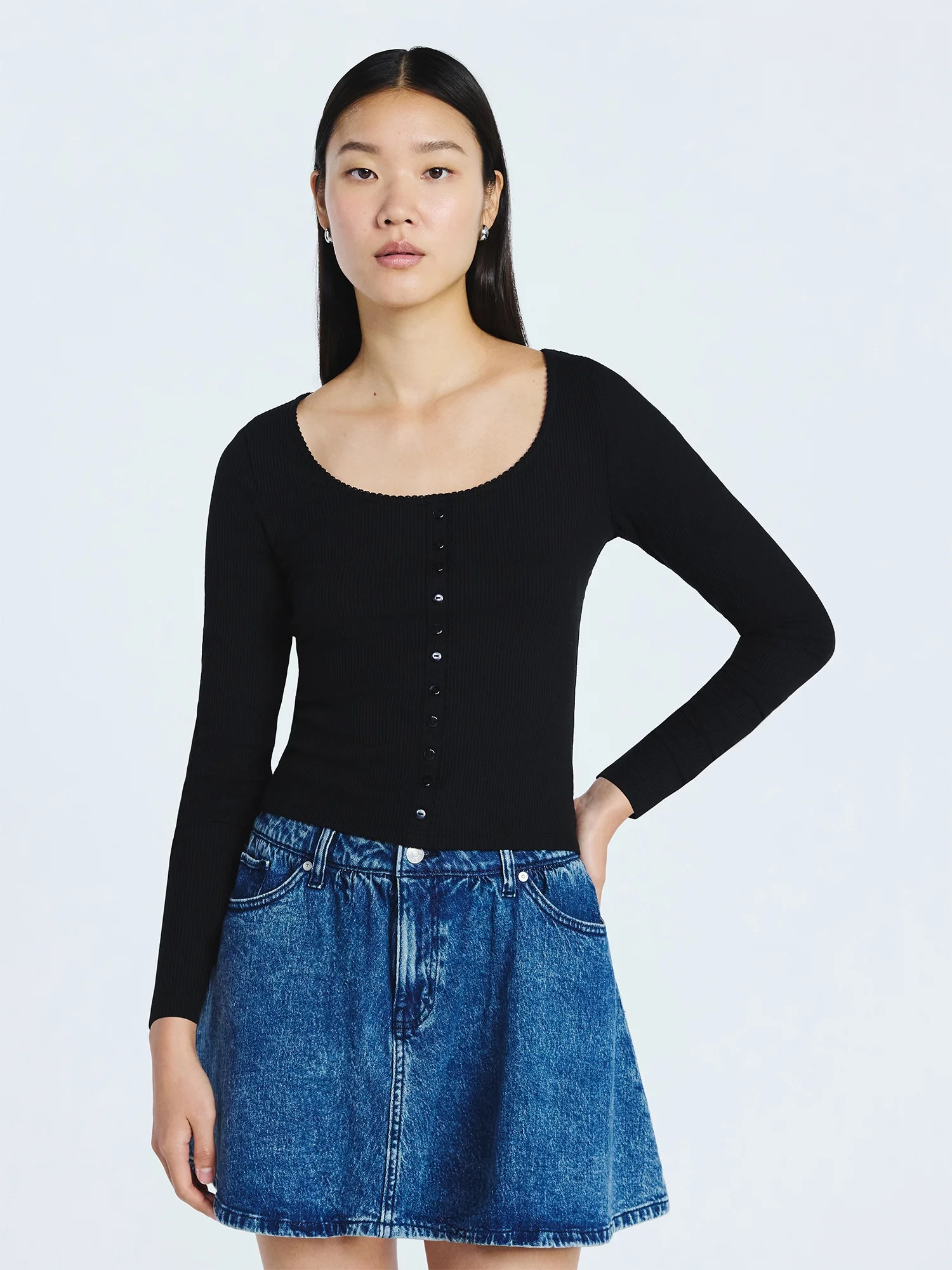 Scoop Women’s Lace Trim Scoop Neck Ribbed Tee with Long Sleeves, Sizes XS-XXL | Walmart (US)