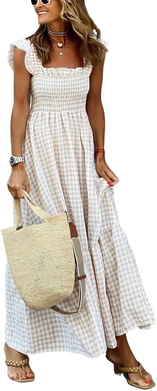 ebossy Women's Fashion Plaid Dress Sleeveless Smocked Ruffle Pleated Boho Party Beach Gingham Max... | Amazon (US)