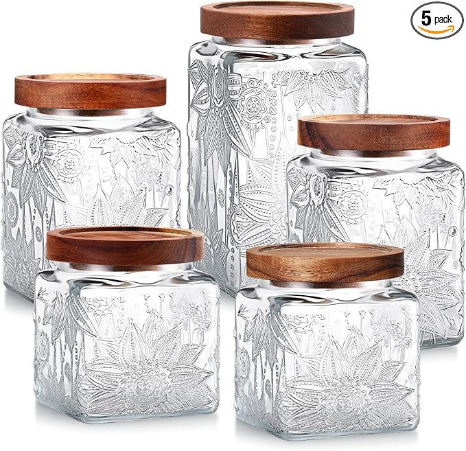 Suclain 5 Pcs Sunflower Vintage Glass Jars with Bamboo Airtight Lid 17/24/34 oz Glass Food Contai... | Amazon (US)